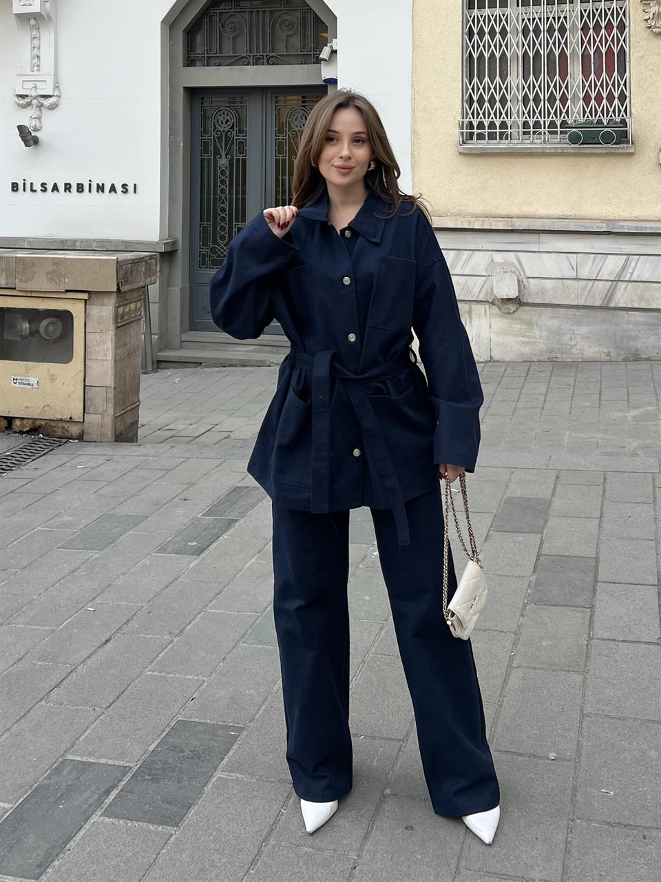 Gabardin Kemerli Lacivert İkili Takım