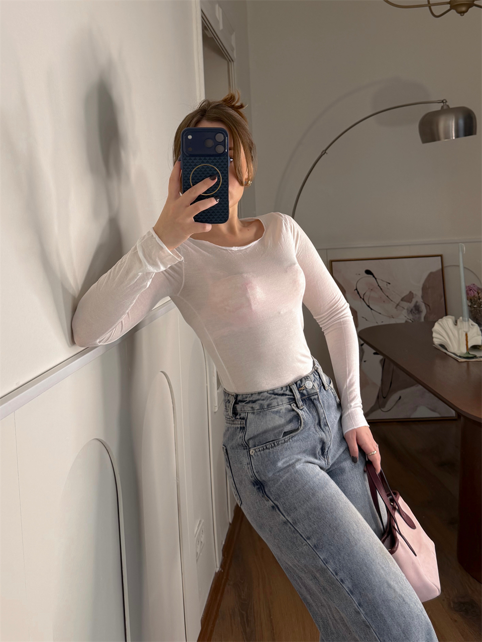 Geniş Yaka Beyaz Transparan Bluz