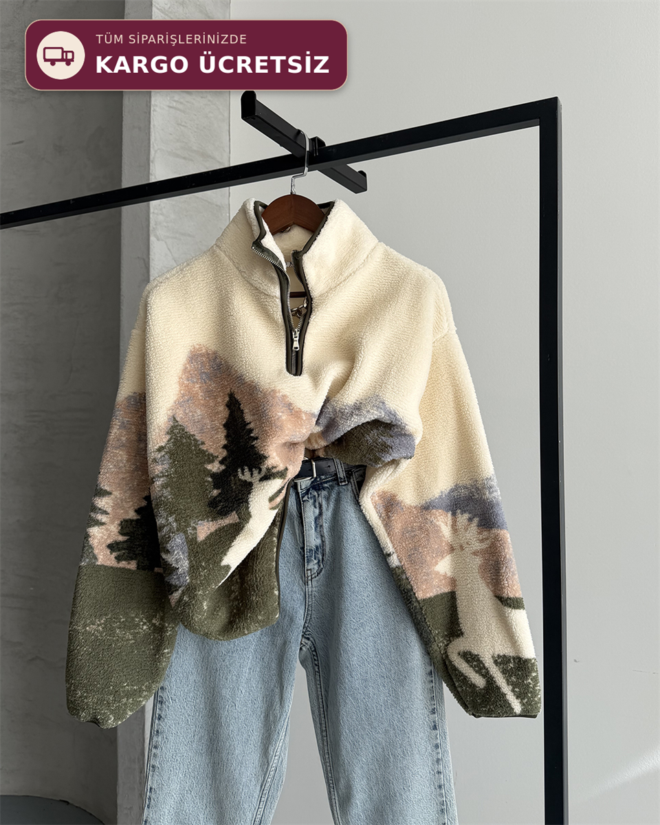 Geyik Desenli Yarım Fermuarlı Polar Sweatshirt