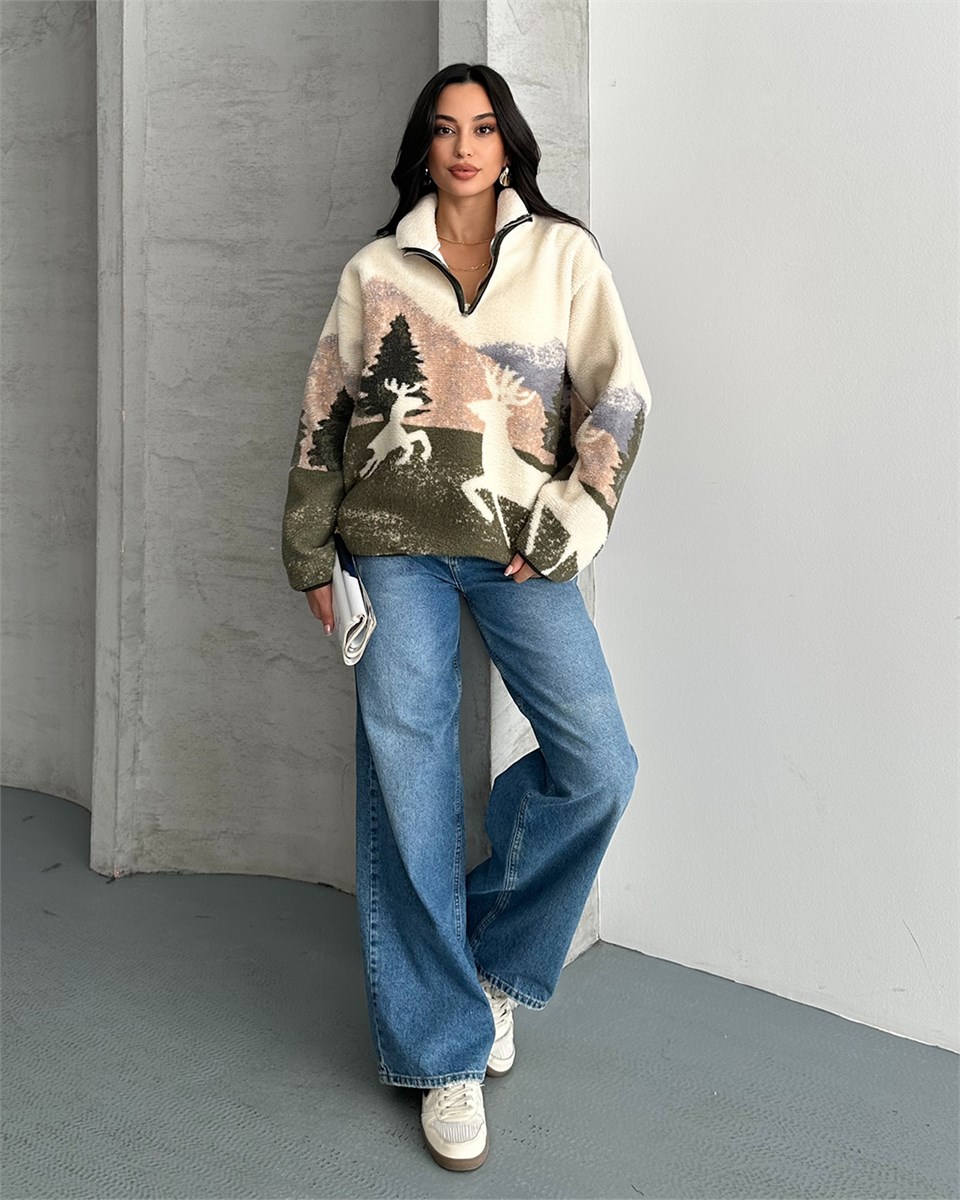 Geyik Desenli Yarım Fermuarlı Polar Sweatshirt
