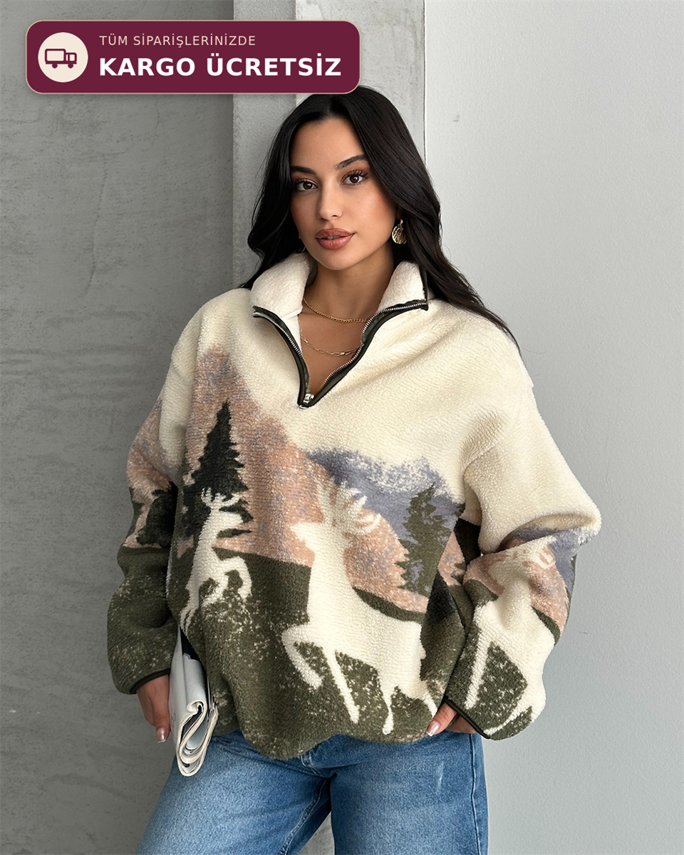 Geyik Desenli Yarım Fermuarlı Polar Sweatshirt