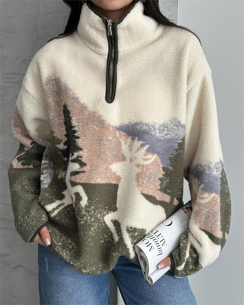 Geyik Desenli Yarım Fermuarlı Polar Sweatshirt
