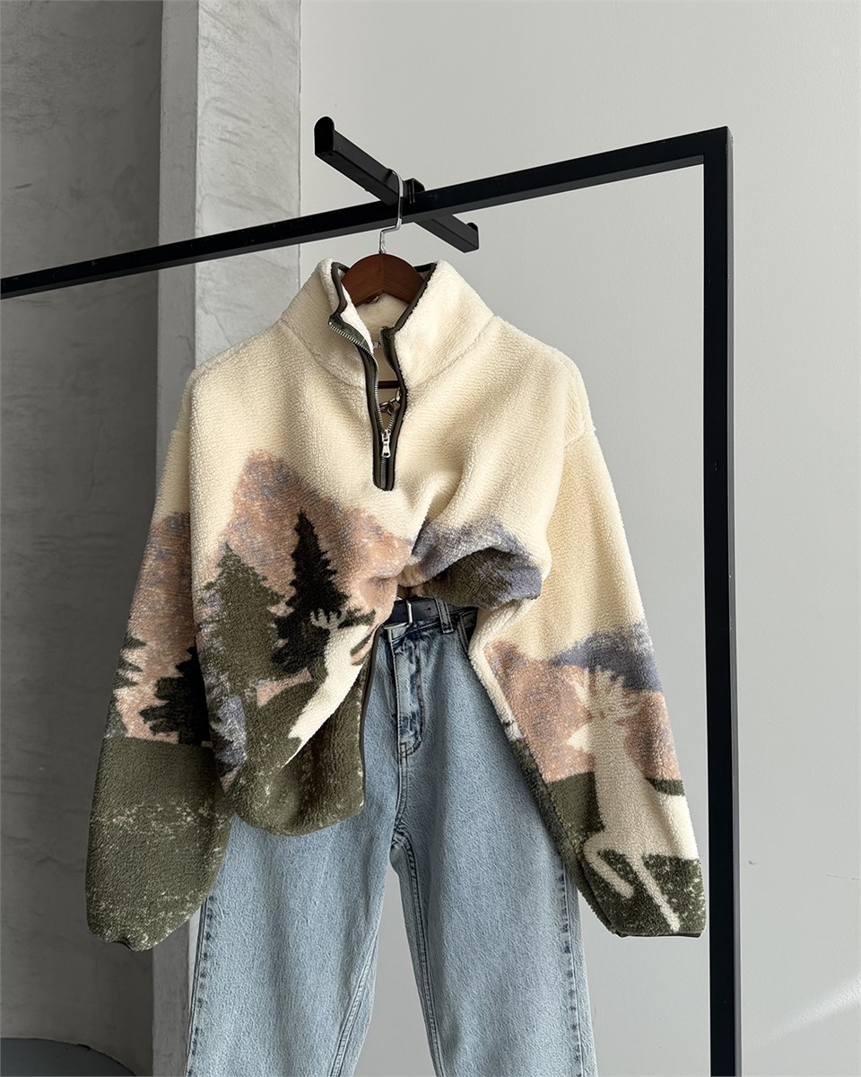 Geyik Desenli Yarım Fermuarlı Polar Sweatshirt