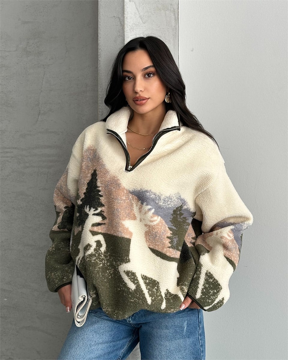 Geyik Desenli Yarım Fermuarlı Polar Sweatshirt