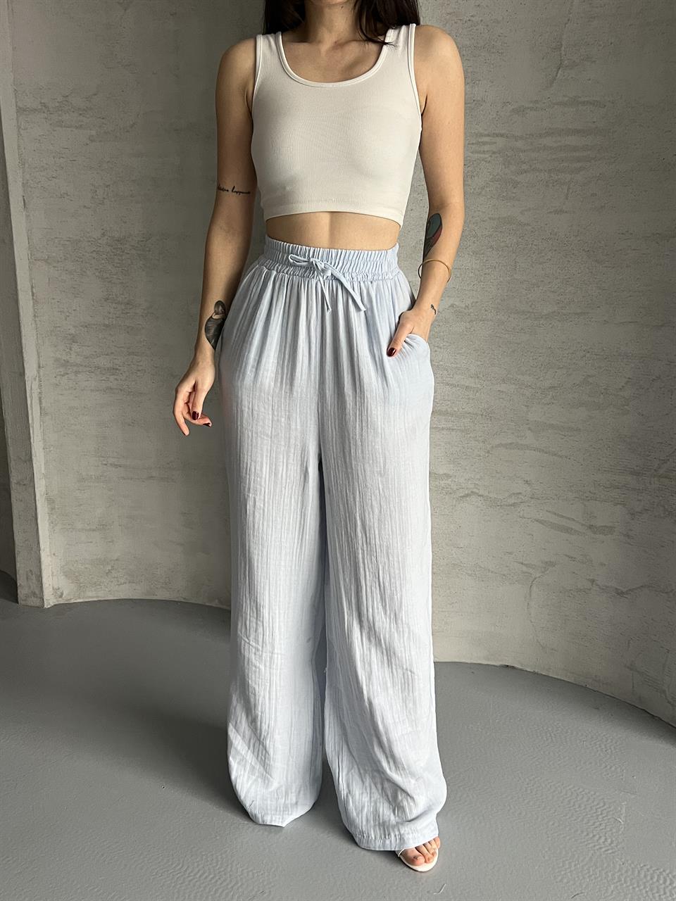 Gofre Kumaş Oversize Bebe Mavisi Pantolon