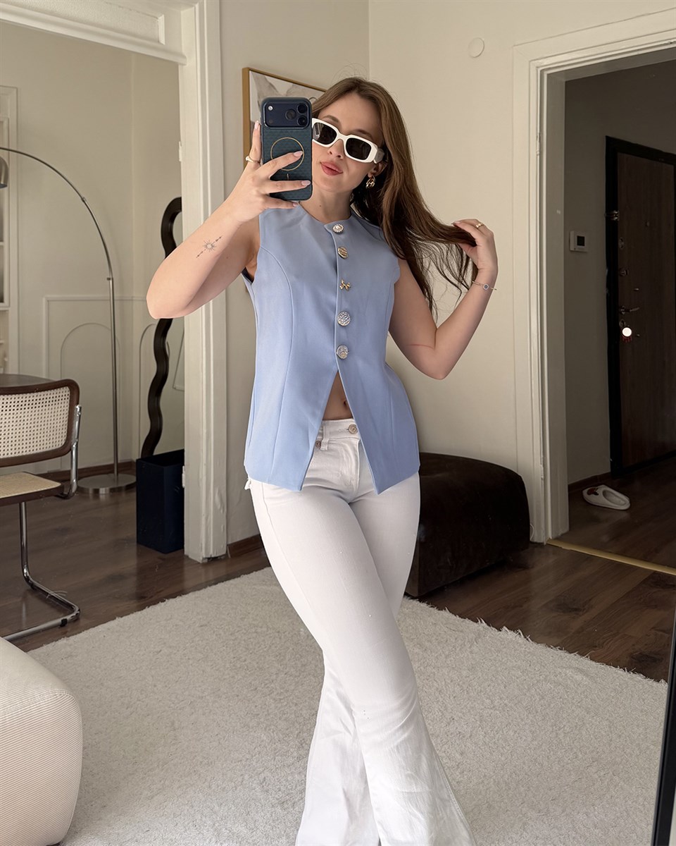 Gold Düğmeli Bebe Mavisi Blazer Yelek