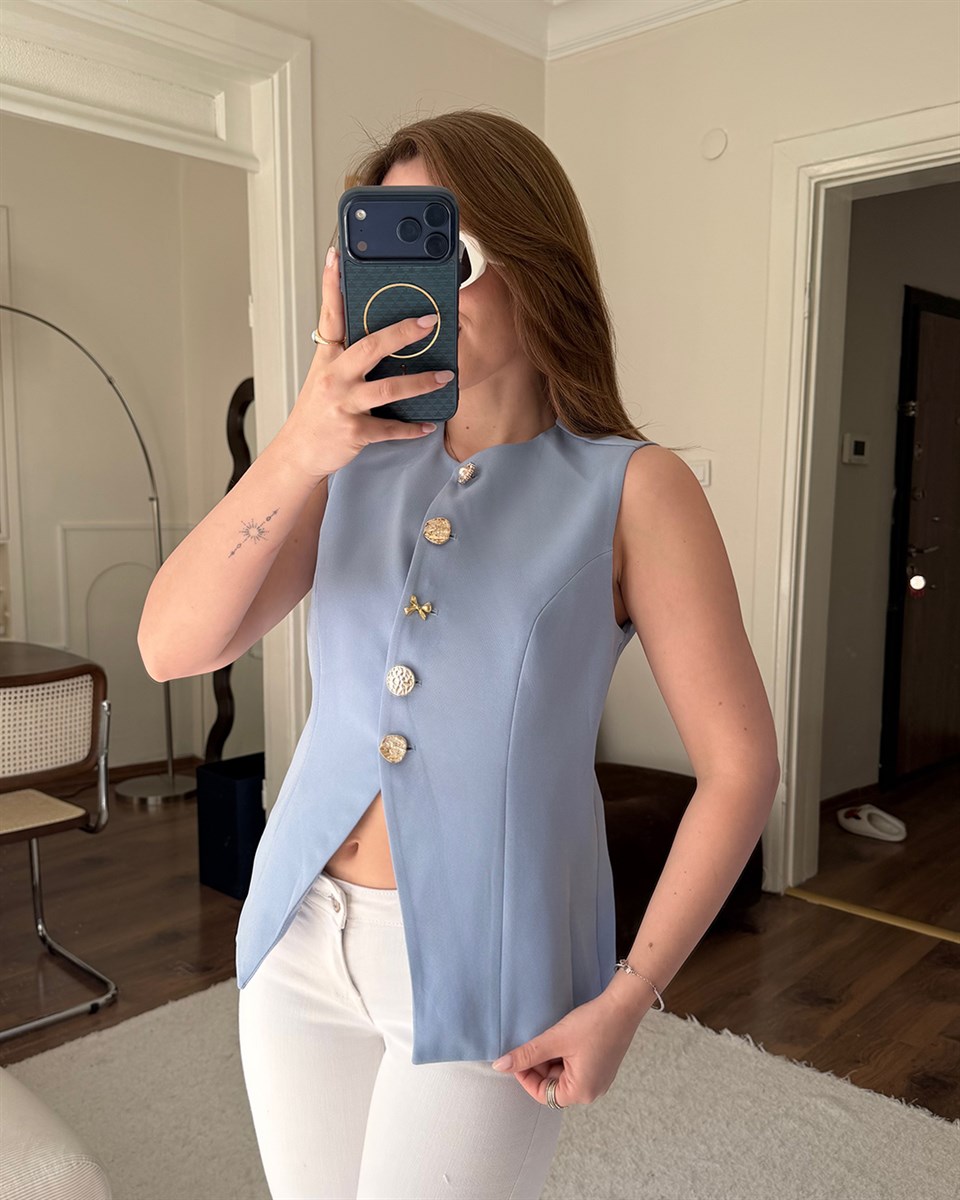Gold Düğmeli Bebe Mavisi Blazer Yelek