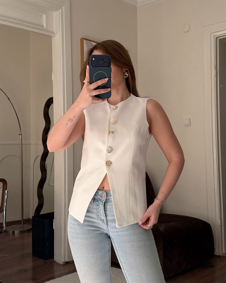 Gold Düğmeli Beyaz Blazer Yelek