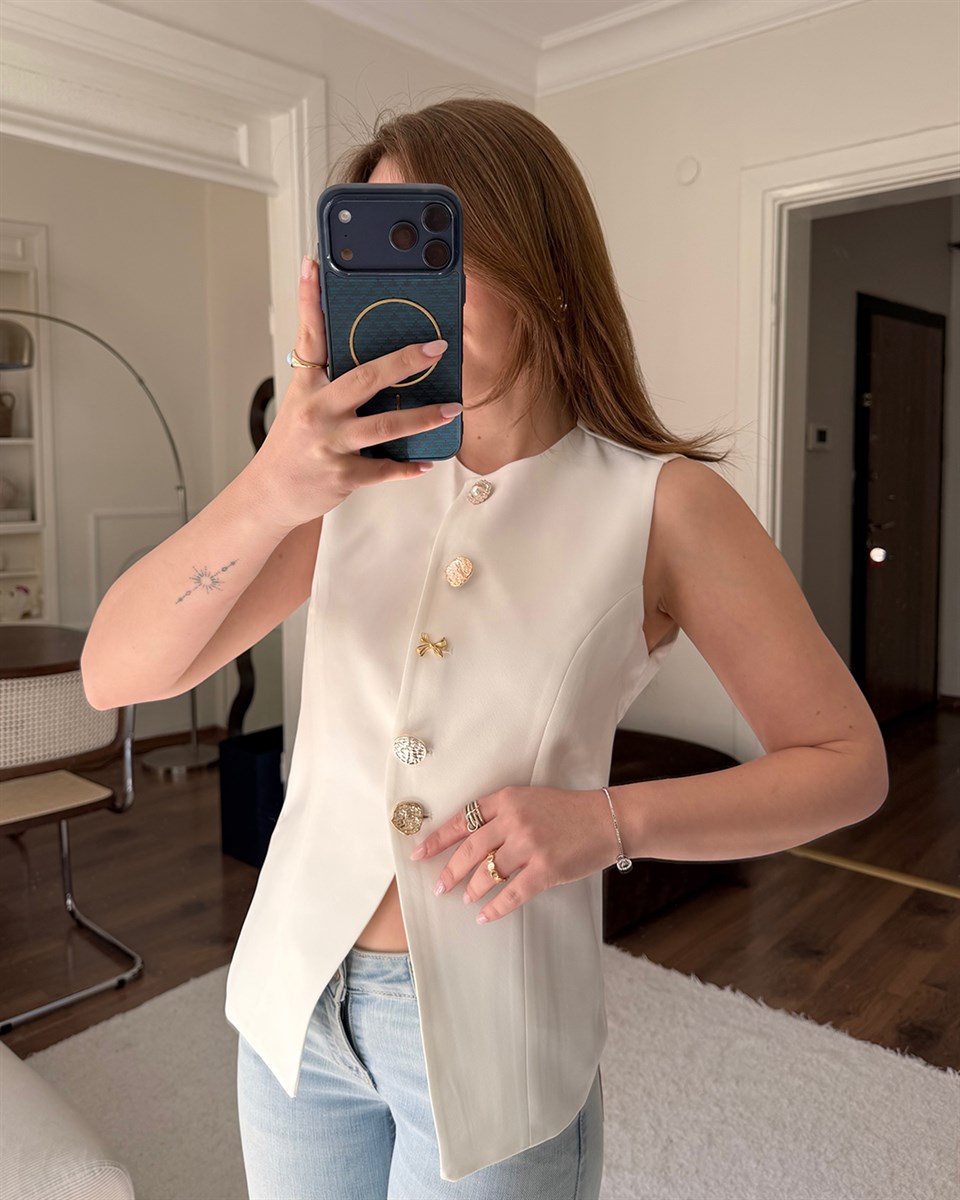 Gold Düğmeli Beyaz Blazer Yelek