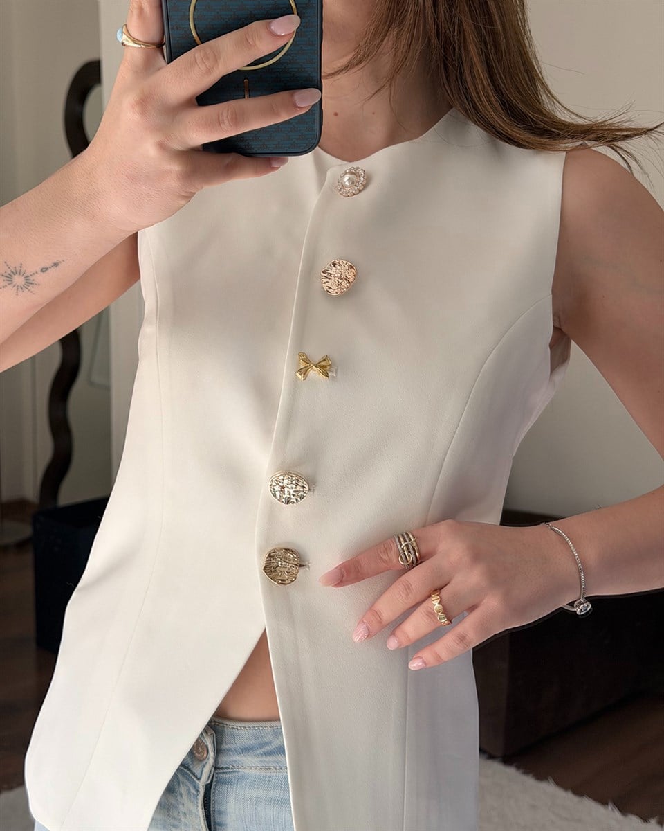 Gold Düğmeli Beyaz Blazer Yelek