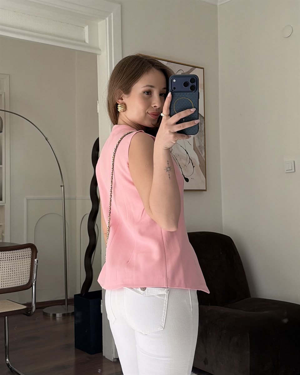 Gold Düğmeli Pembe Blazer Yelek
