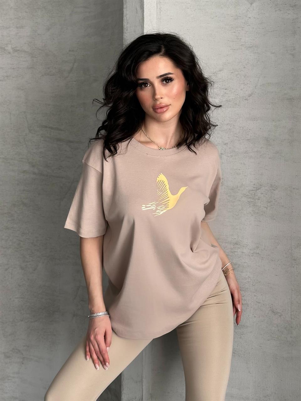 Gold Varak Kuşlu Bej Tişört