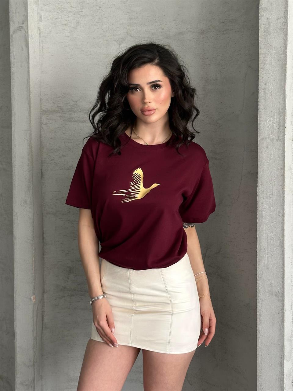 Gold Varak Kuşlu Bordo Tişört