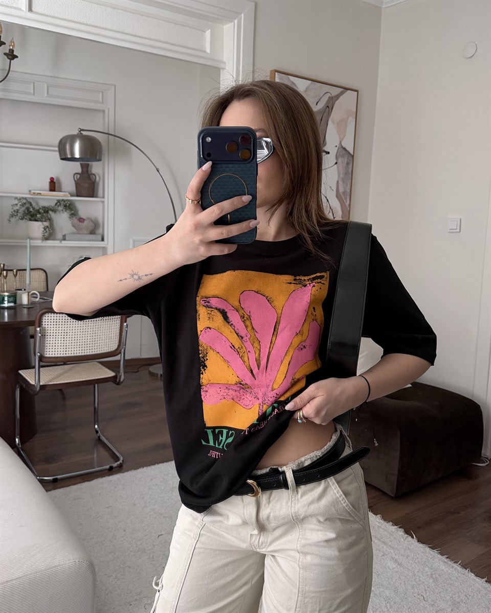 Grafik Baskılı Oversize Siyah Tişört