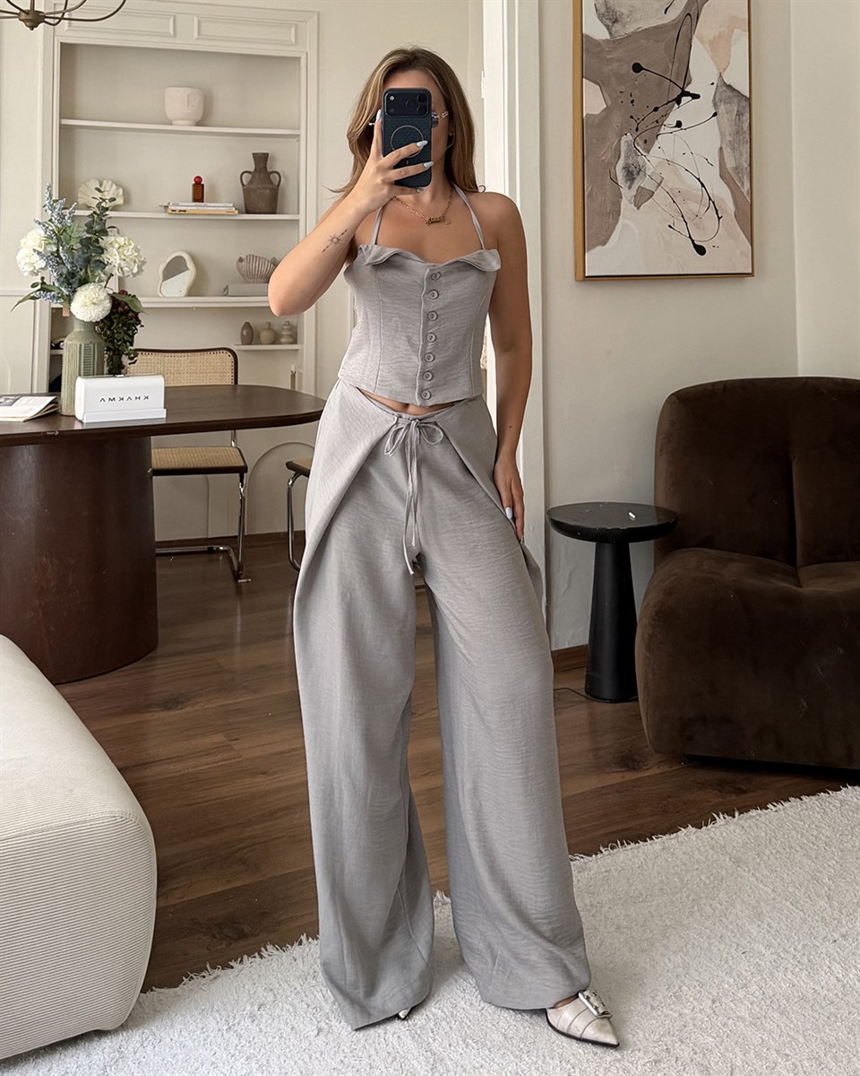 Gri Askılı Büstiyer Pantolon Takım
