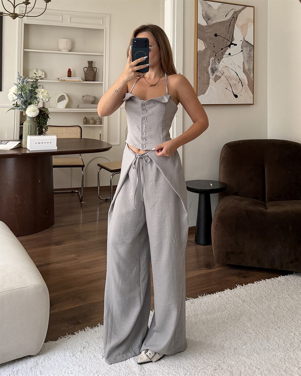 Gri Askılı Büstiyer Pantolon Takım