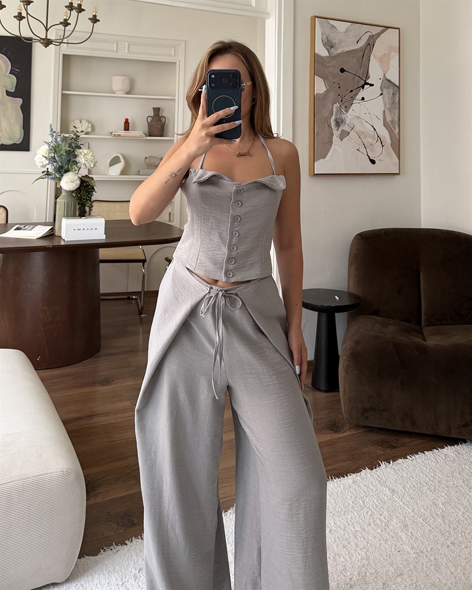 Gri Askılı Büstiyer Pantolon Takım