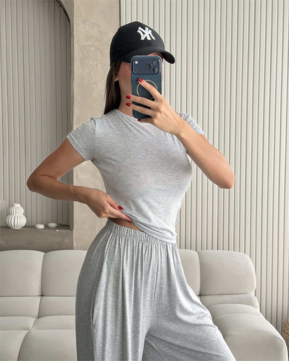 Gri Kimono Pantolon Bluz Üçlü Takım