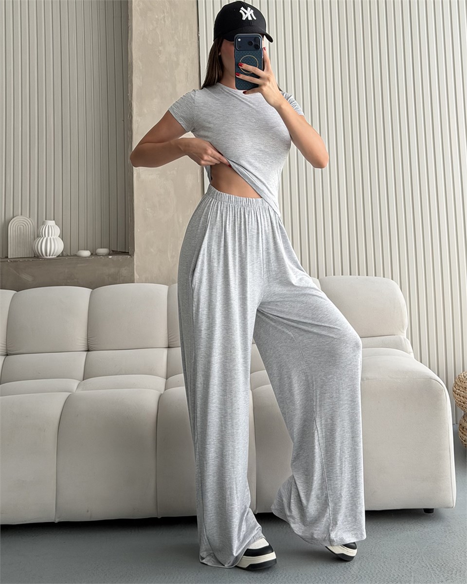 Gri Kimono Pantolon Bluz Üçlü Takım