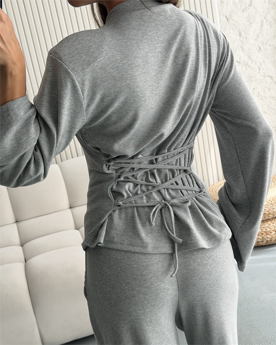 Gri Sırt Bağlama Detaylı Pantolon İkili Takım