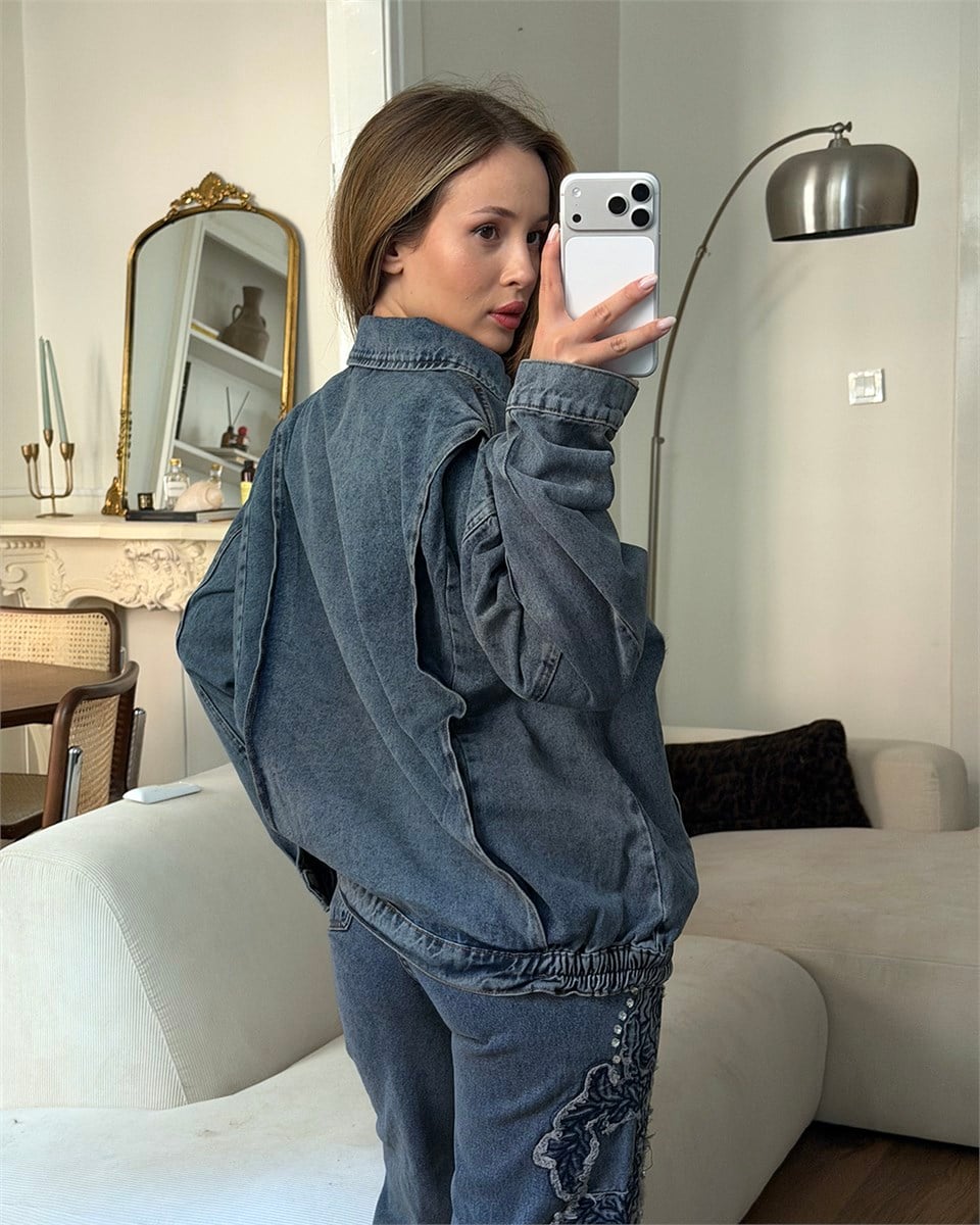 Gül Aplikeli Taşlı Denim Ceket Pantolon Takım