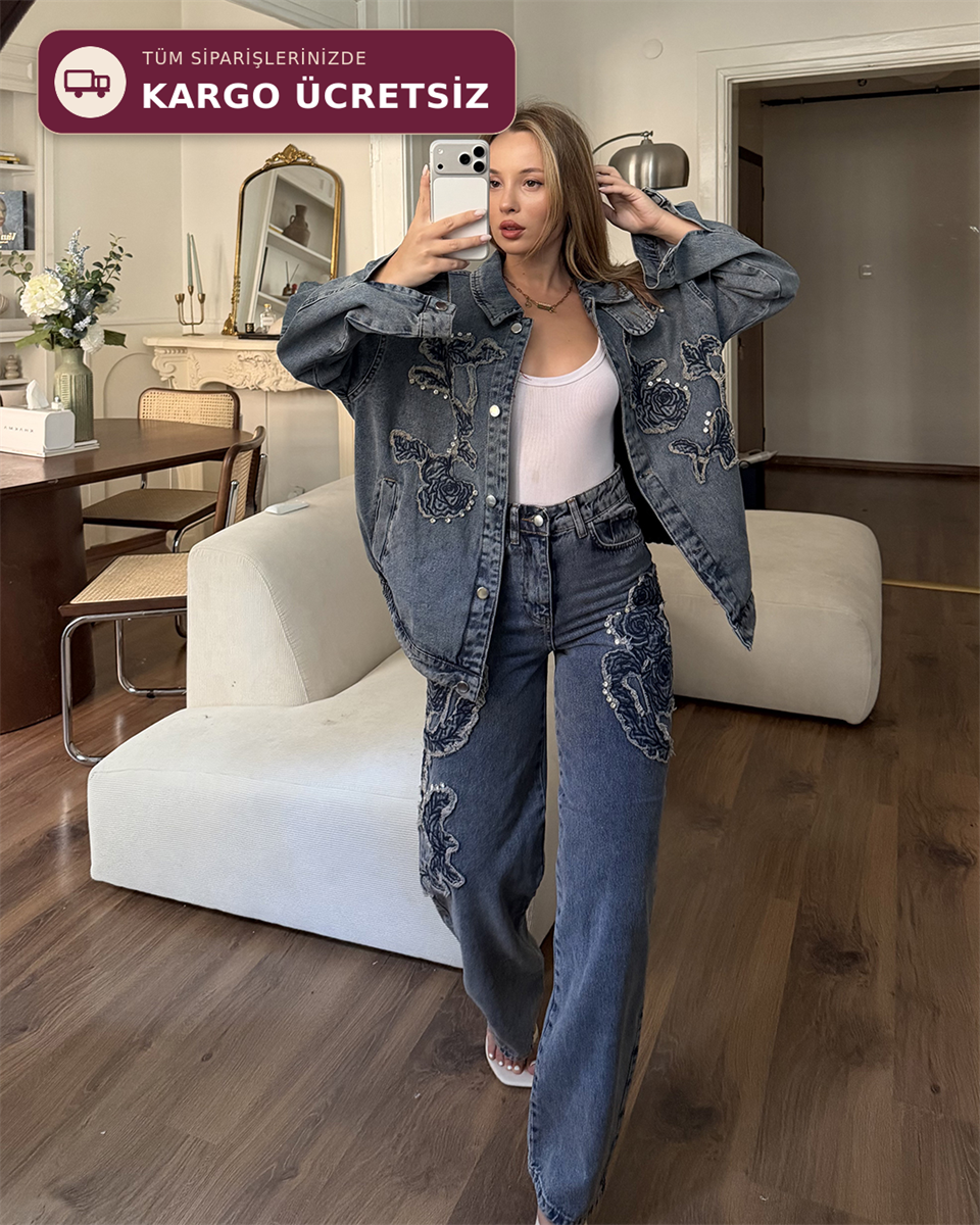 Gül Aplikeli Taşlı Denim Ceket Pantolon Takım