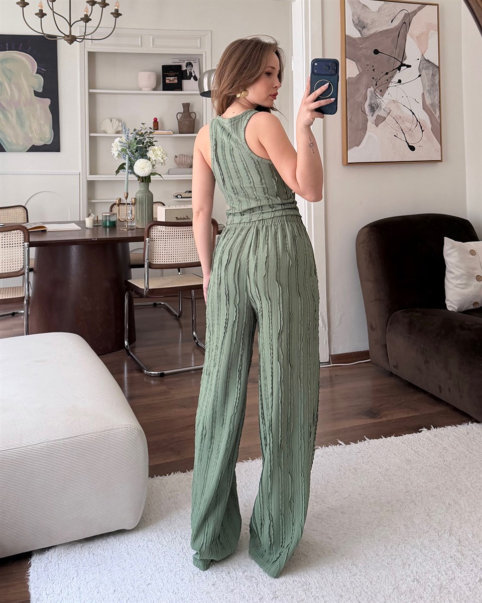 Haki Fitilli Crop Bluz Palazzo Pantolon Takım