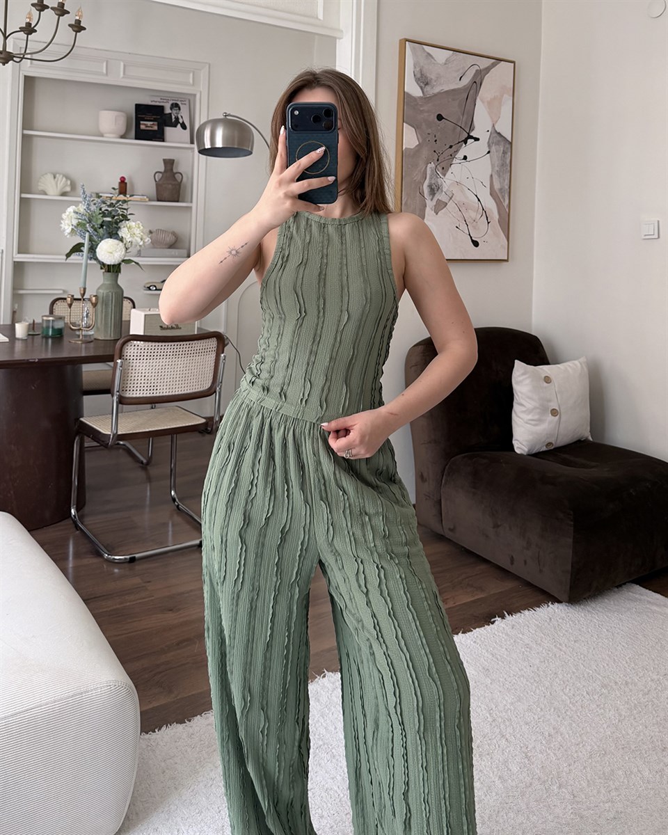 Haki Fitilli Crop Bluz Palazzo Pantolon Takım