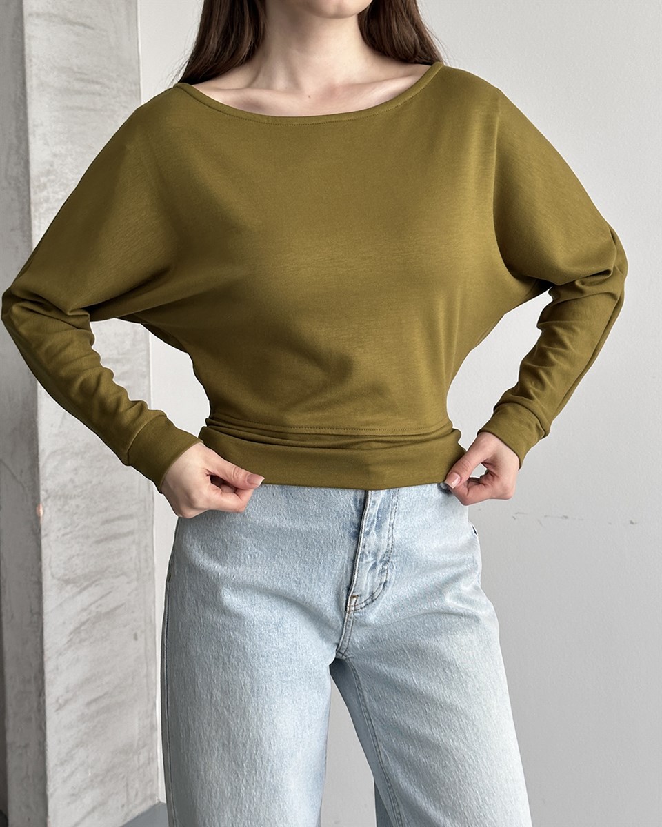 Haki Modal Kumaş Yarasa Kol Bluz