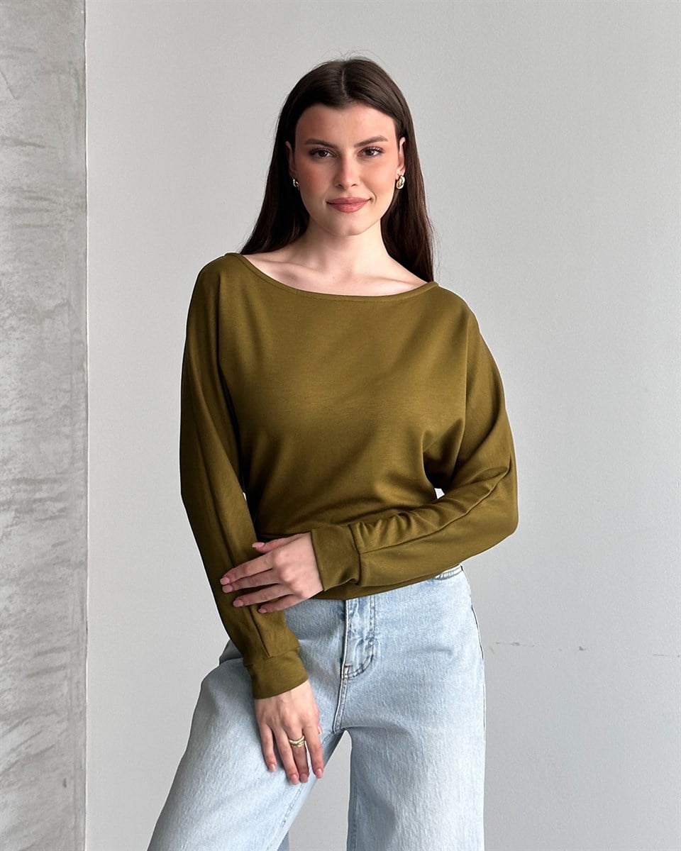 Haki Modal Kumaş Yarasa Kol Bluz
