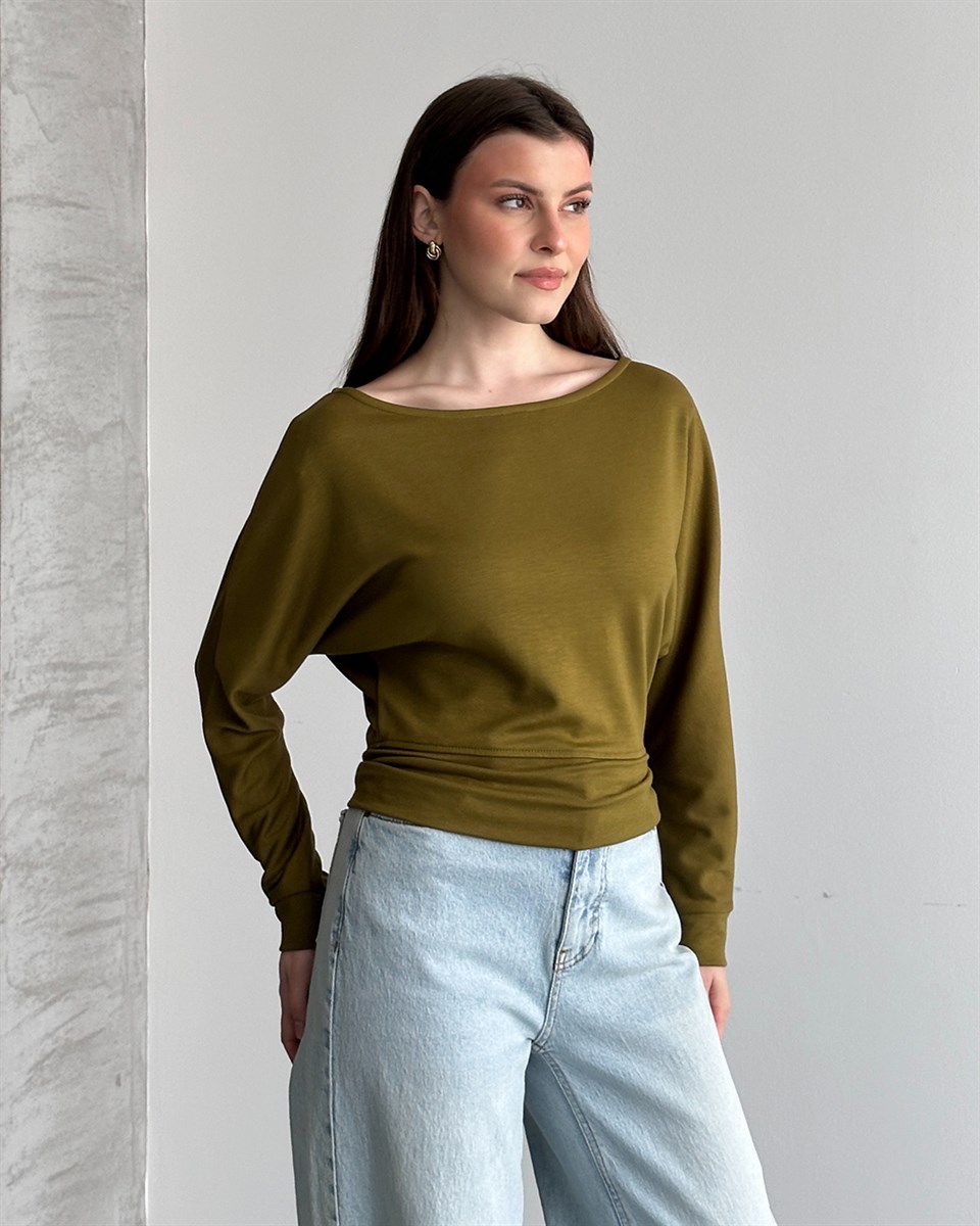 Haki Modal Kumaş Yarasa Kol Bluz