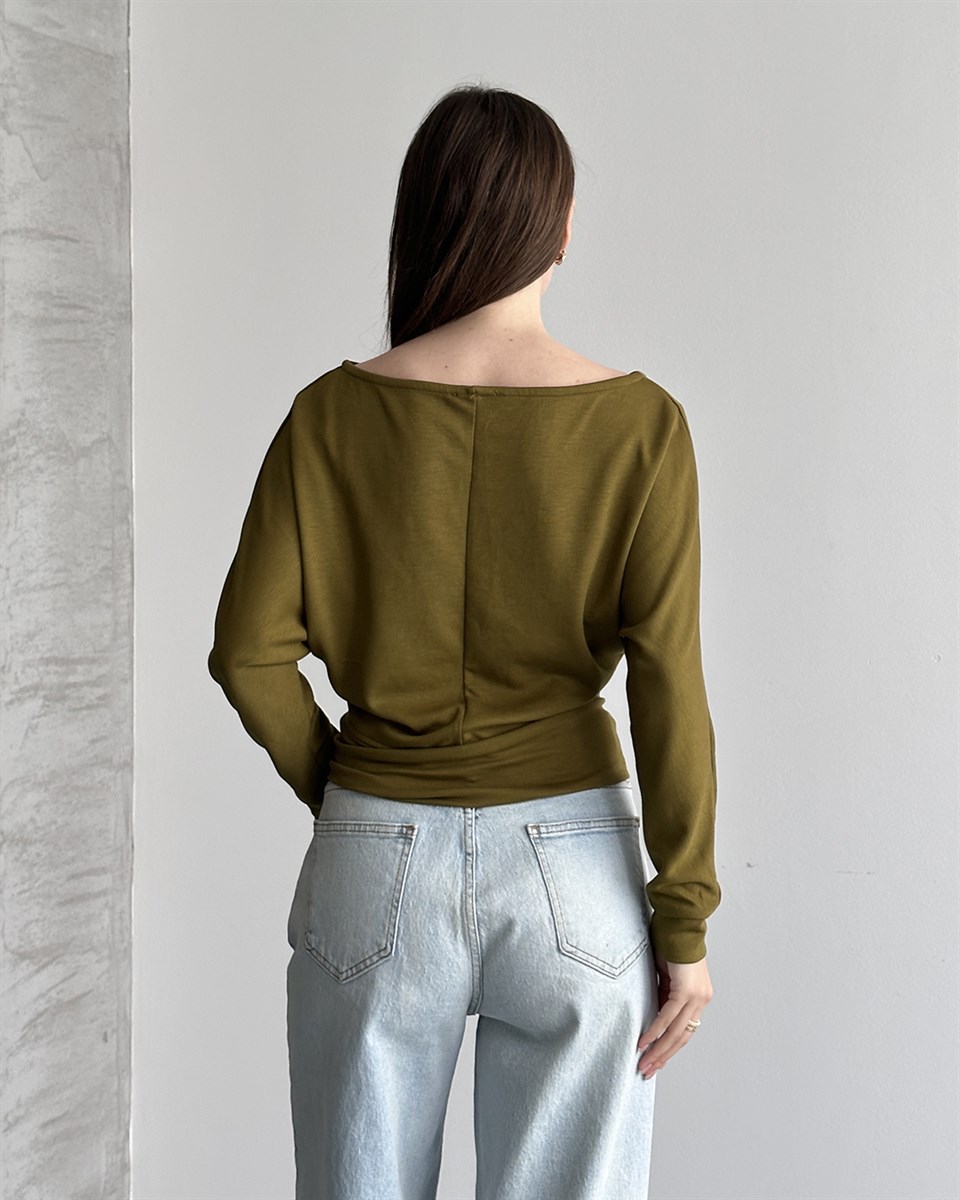 Haki Modal Kumaş Yarasa Kol Bluz
