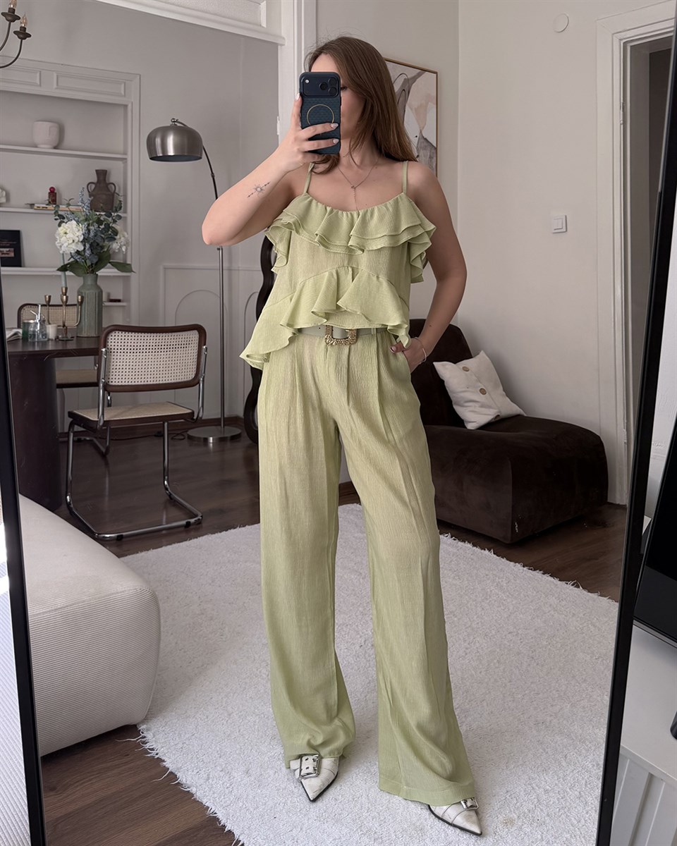Haki Şifon Fırfırlı Bluz Bol Paça Pantolon Takım