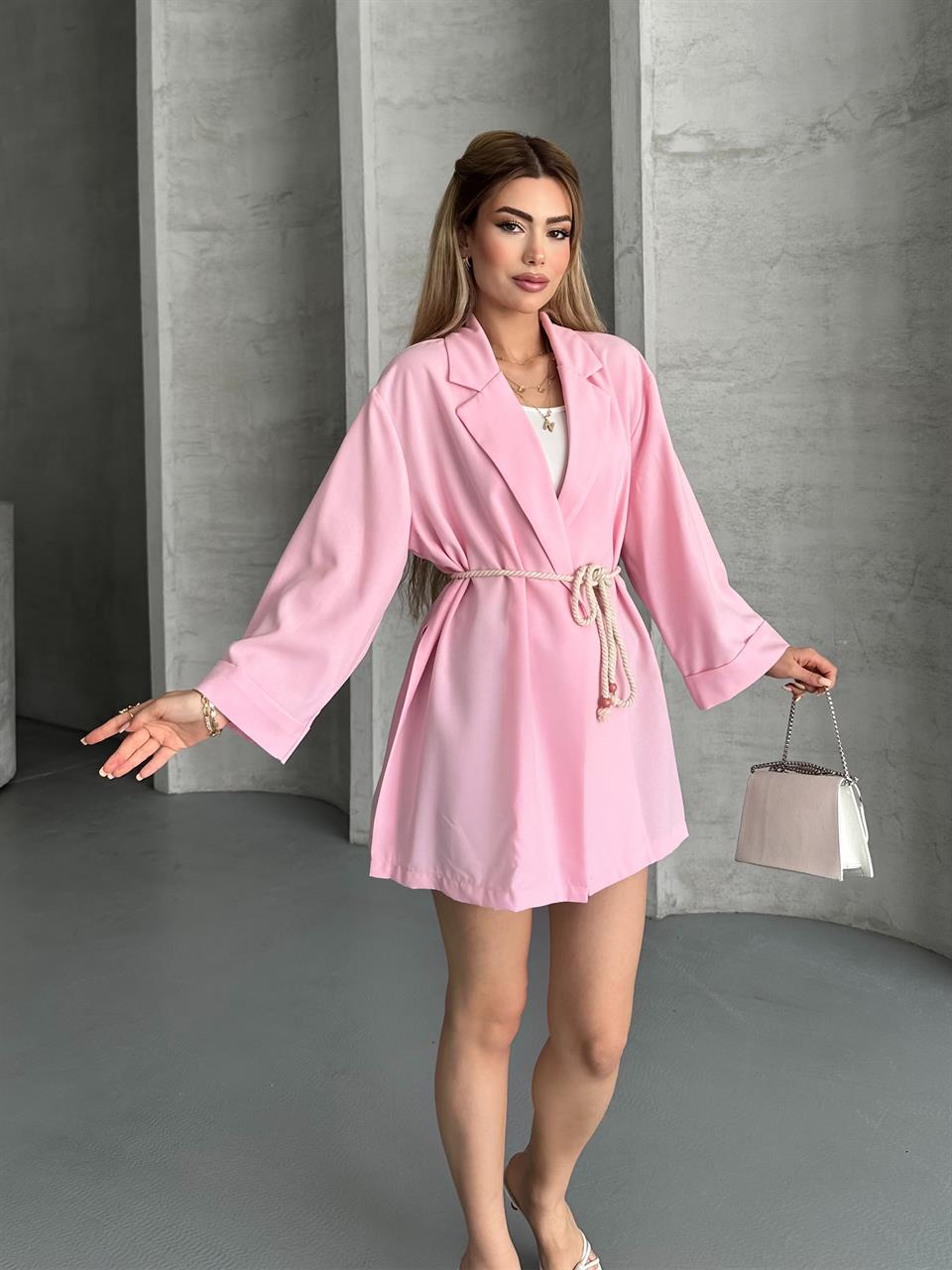 Hasır Kemerli Pembe Kimono Ceket