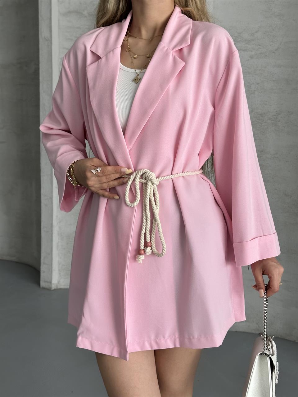 Hasır Kemerli Pembe Kimono Ceket