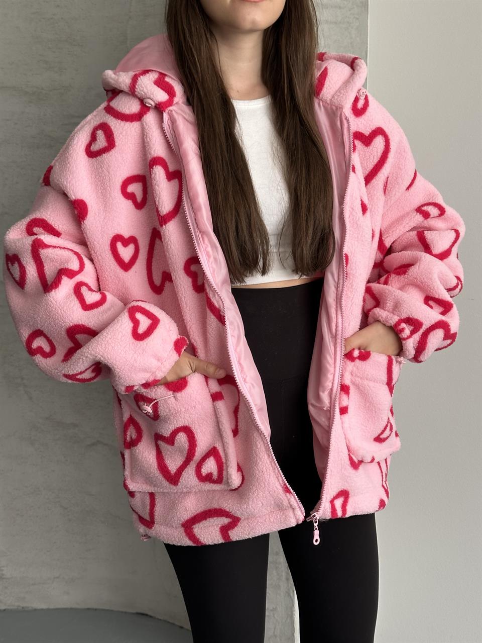 Heart Oversize Kapüşonlu Pembe Peluş Mont