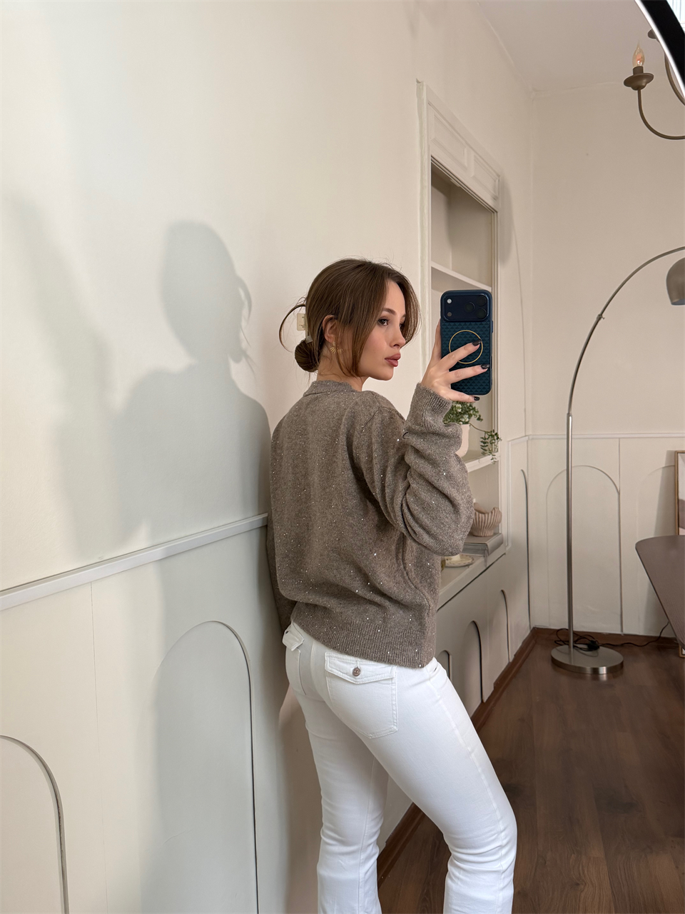 Işıltılı Düğmeli Vizon Triko Hırka