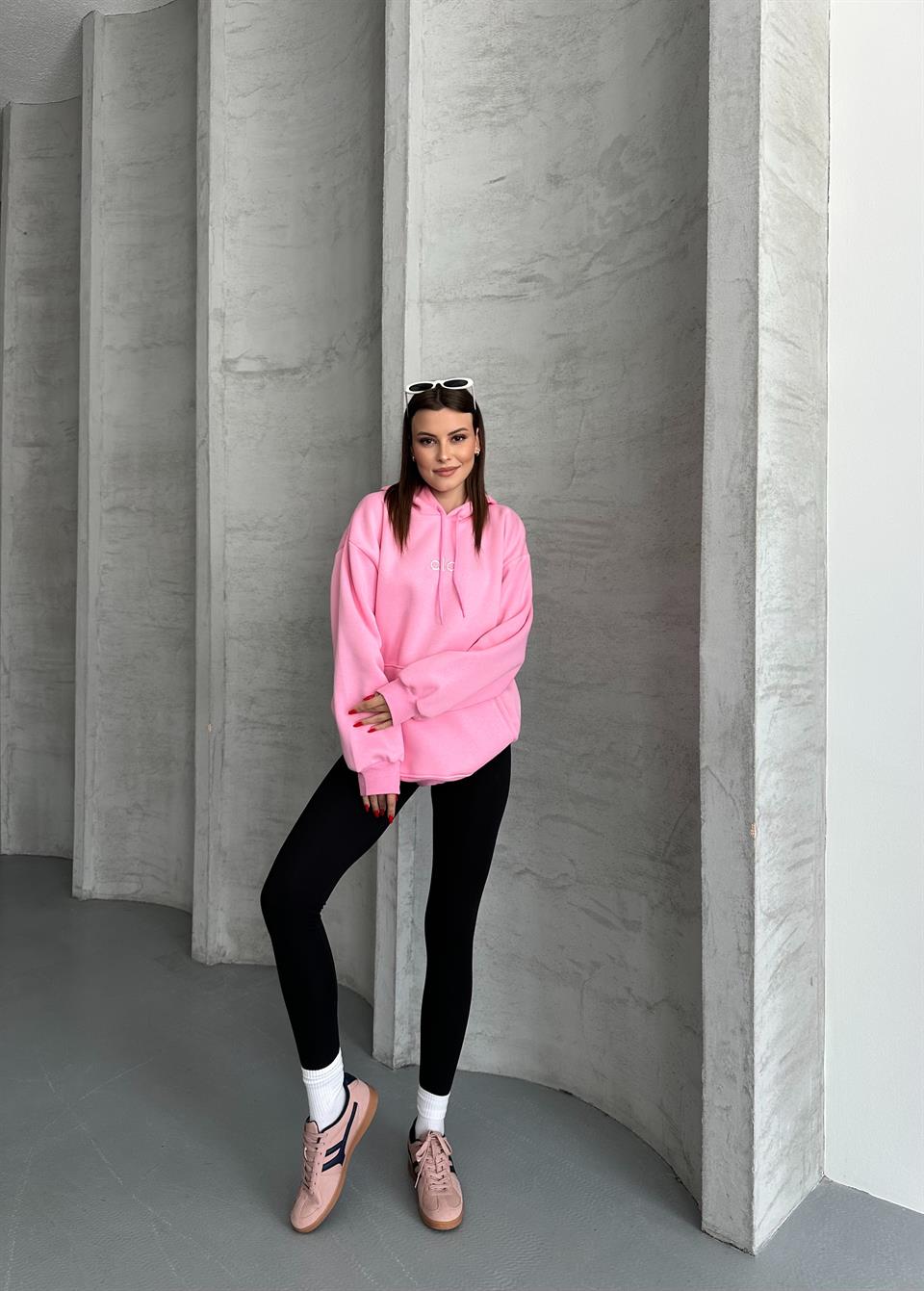 Kabartmalı Kanguru Cepli Kapüşonlu Unisex Pembe Hoodie