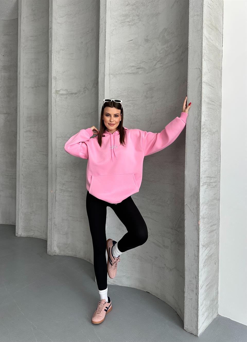Kabartmalı Kanguru Cepli Kapüşonlu Unisex Pembe Hoodie