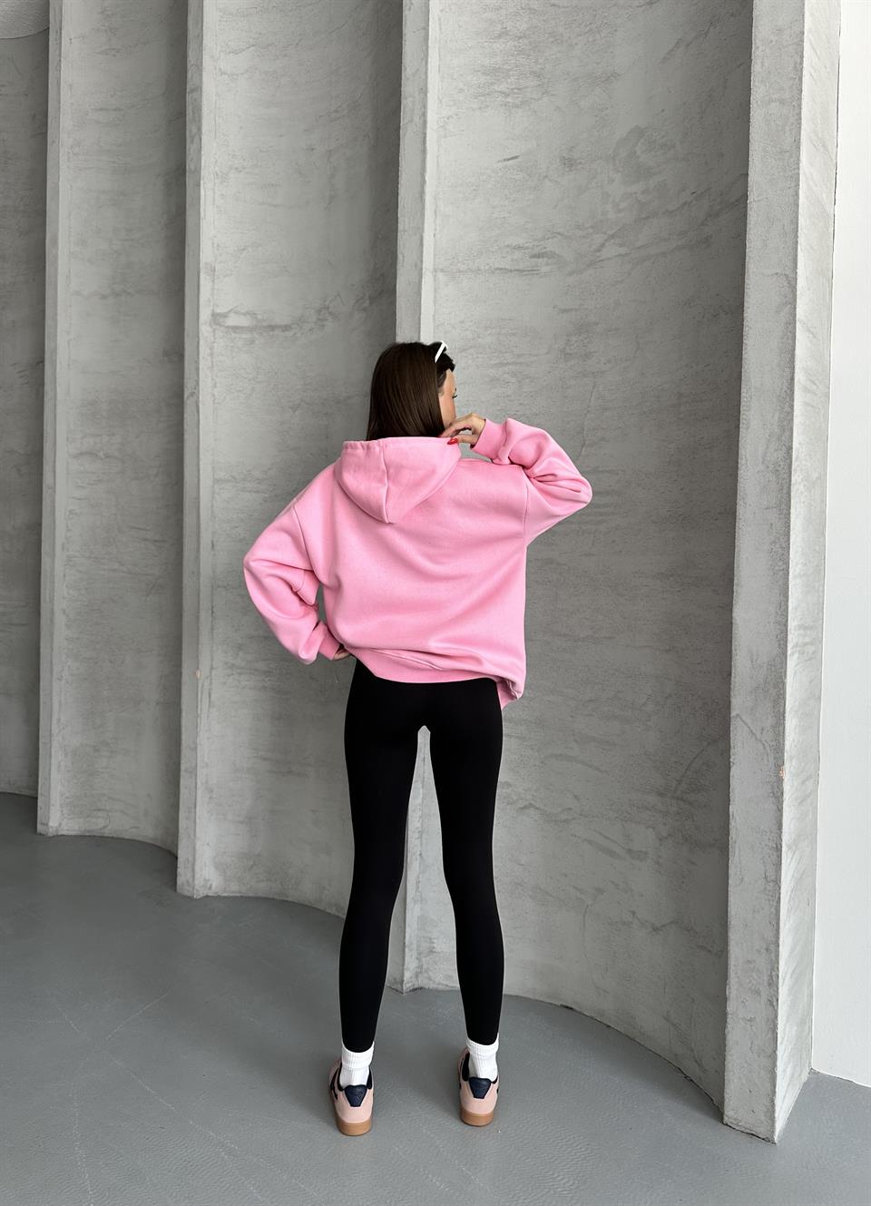 Kabartmalı Kanguru Cepli Kapüşonlu Unisex Pembe Hoodie