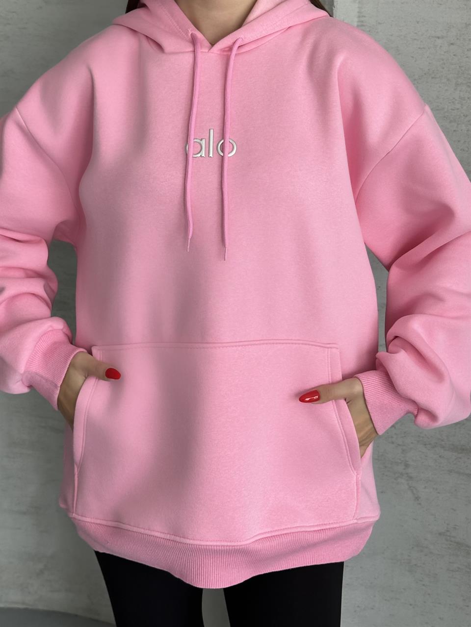 Kabartmalı Kanguru Cepli Kapüşonlu Unisex Pembe Hoodie