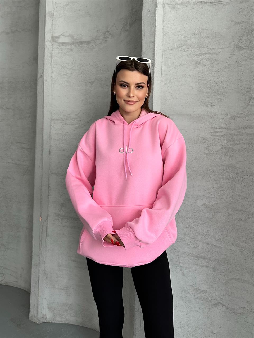 Kabartmalı Kanguru Cepli Kapüşonlu Unisex Pembe Hoodie