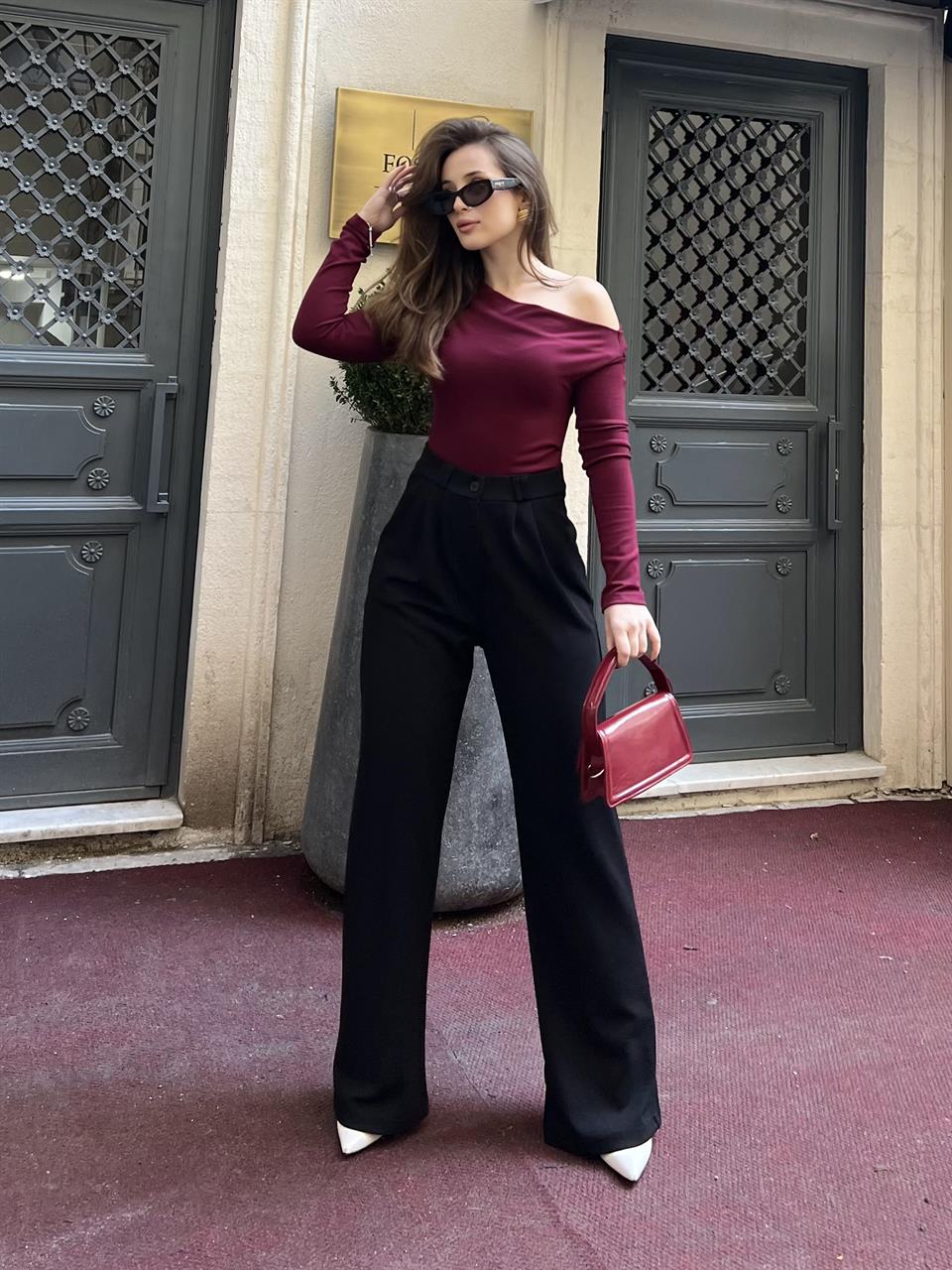 Kadın Yüksek Bel Düğmeli Siyah Palazzo Pantolon