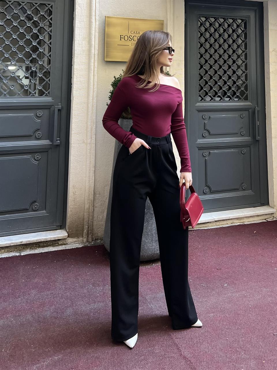 Kadın Yüksek Bel Düğmeli Siyah Palazzo Pantolon