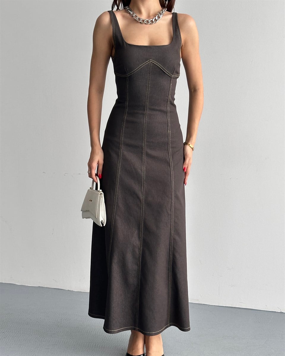 Kahverengi Denim Midi Elbise