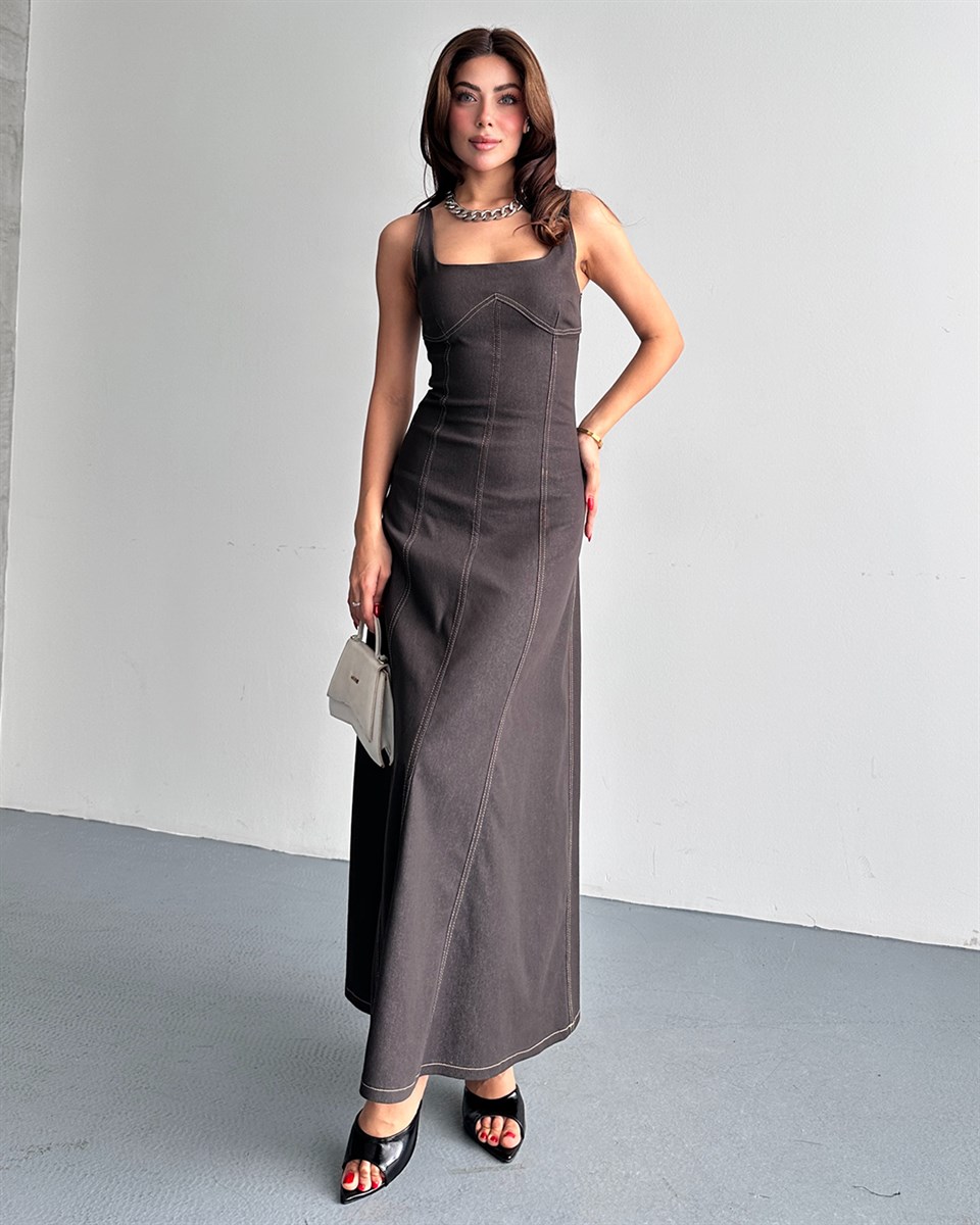 Kahverengi Denim Midi Elbise