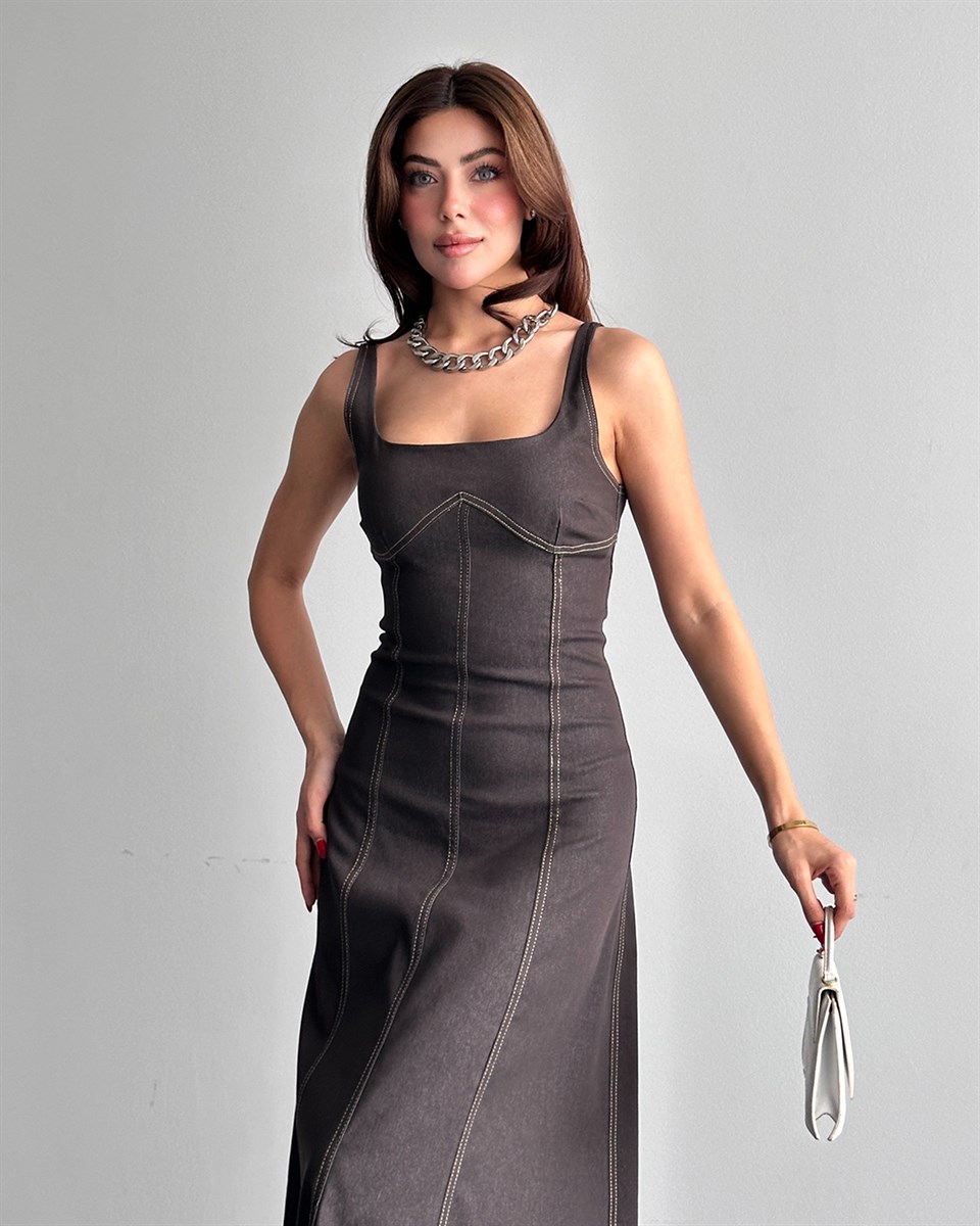 Kahverengi Denim Midi Elbise