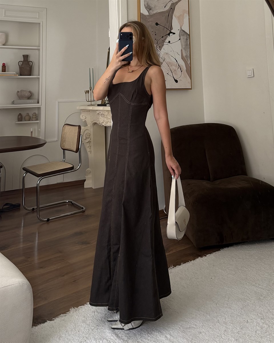 Kahverengi Denim Midi Elbise