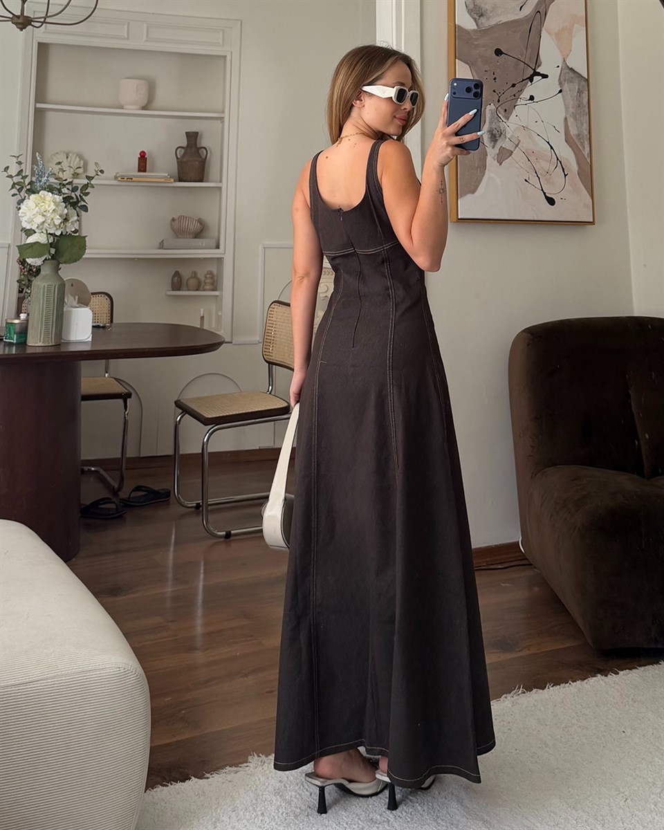 Kahverengi Denim Midi Elbise
