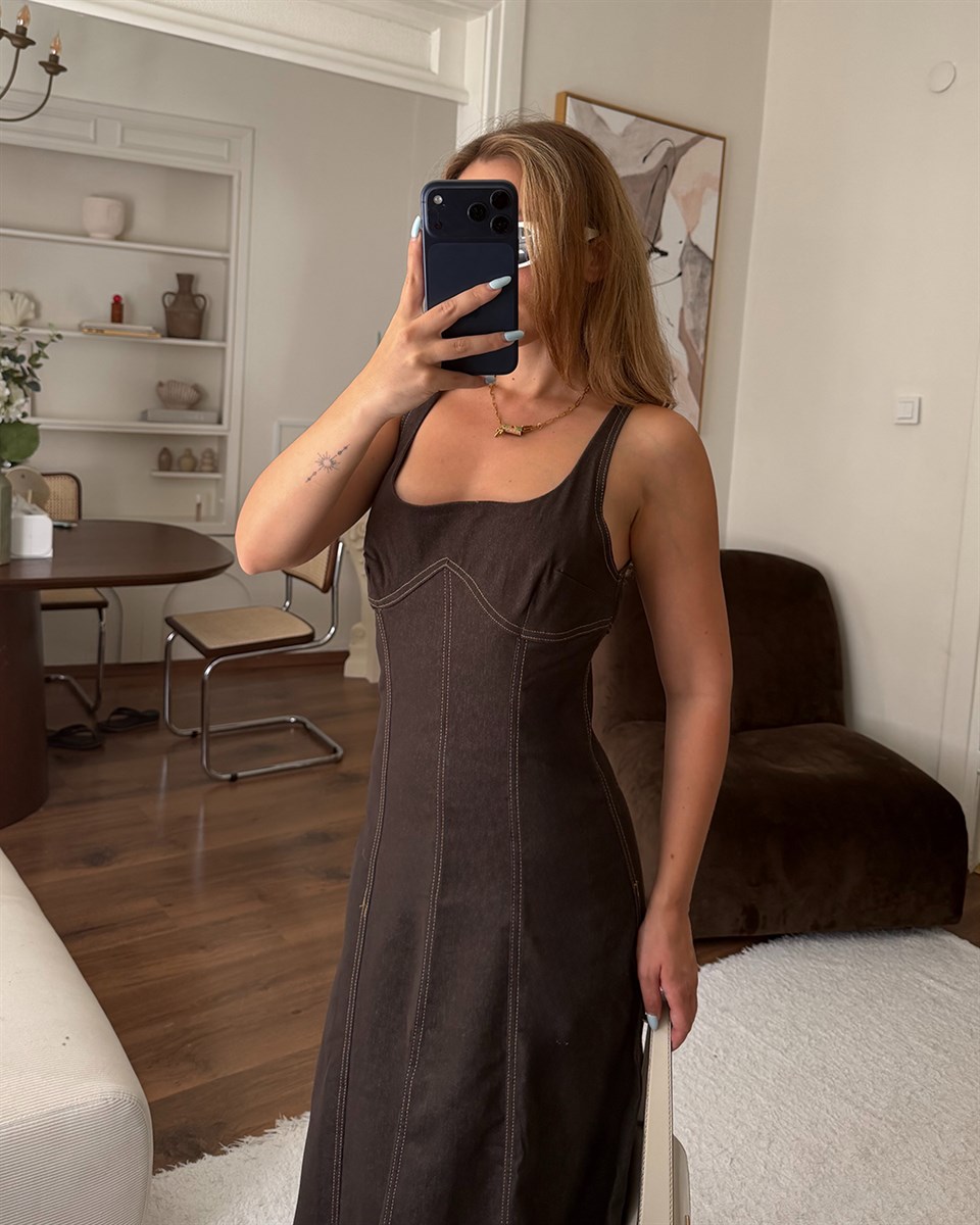 Kahverengi Denim Midi Elbise